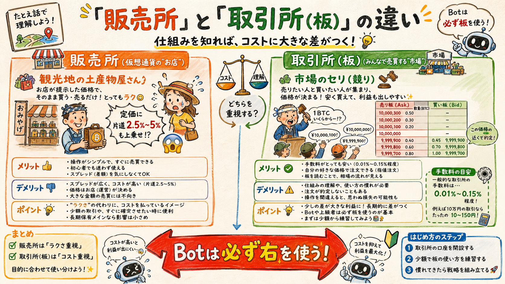 販売所と取引所(板)の違いを土産物屋と市場のセリにたとえた比較図