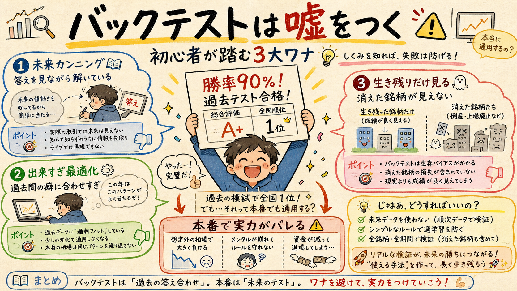 バックテストの3つのワナを、答えを見ながら解いた模試にたとえた図解