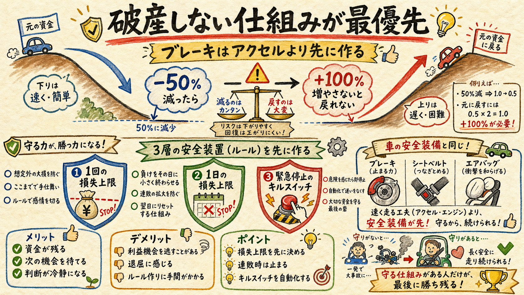 損失の非対称性と多層の安全装置を車の安全装備にたとえた図解
