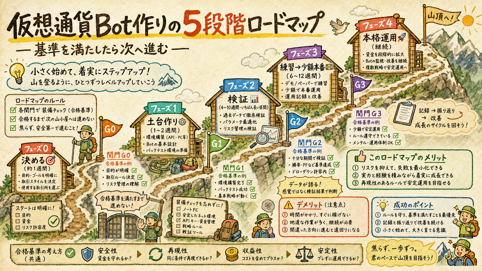 5つのフェーズと4つの判断ゲートを登山ルートにたとえたロードマップ全体図