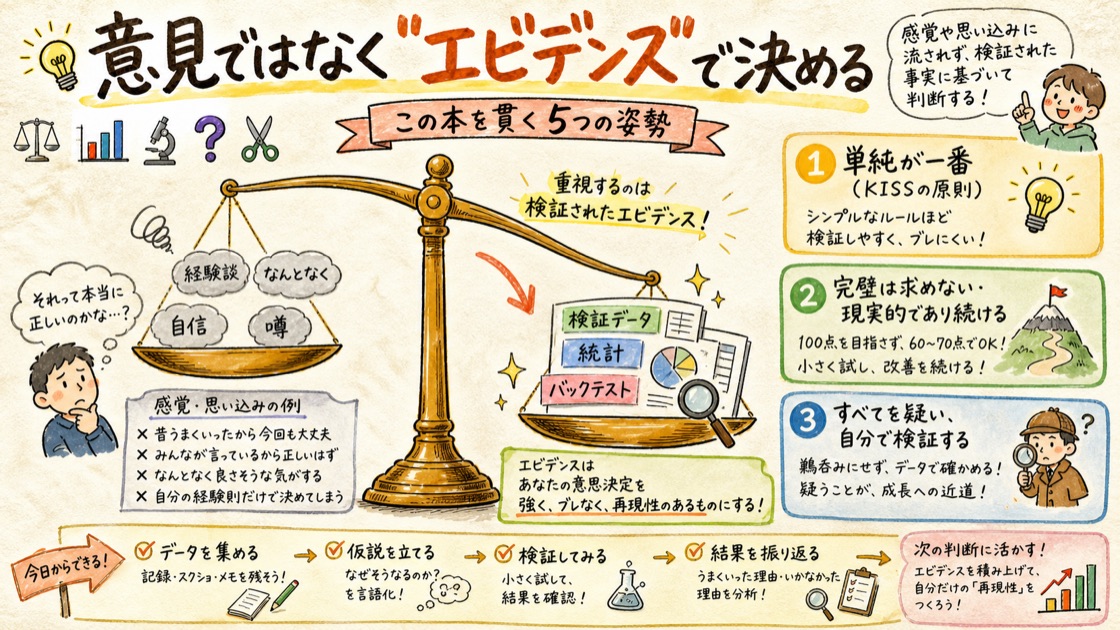 意見ではなくエビデンスで決める ― 本書を貫く5つの姿勢を天秤で表した図解