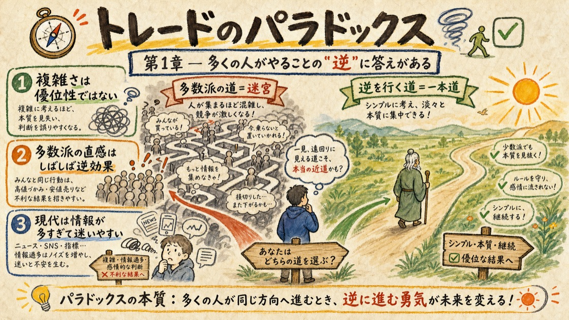 トレードのパラドックスを、群衆が殺到する迷路と賢者が歩くシンプルな一本道で表した図解
