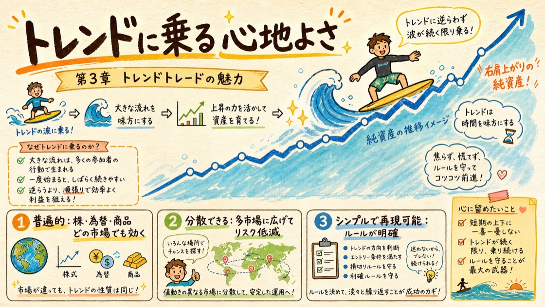 トレンドトレードの魅力を、上昇トレンドの波に乗るサーファーで表した図解