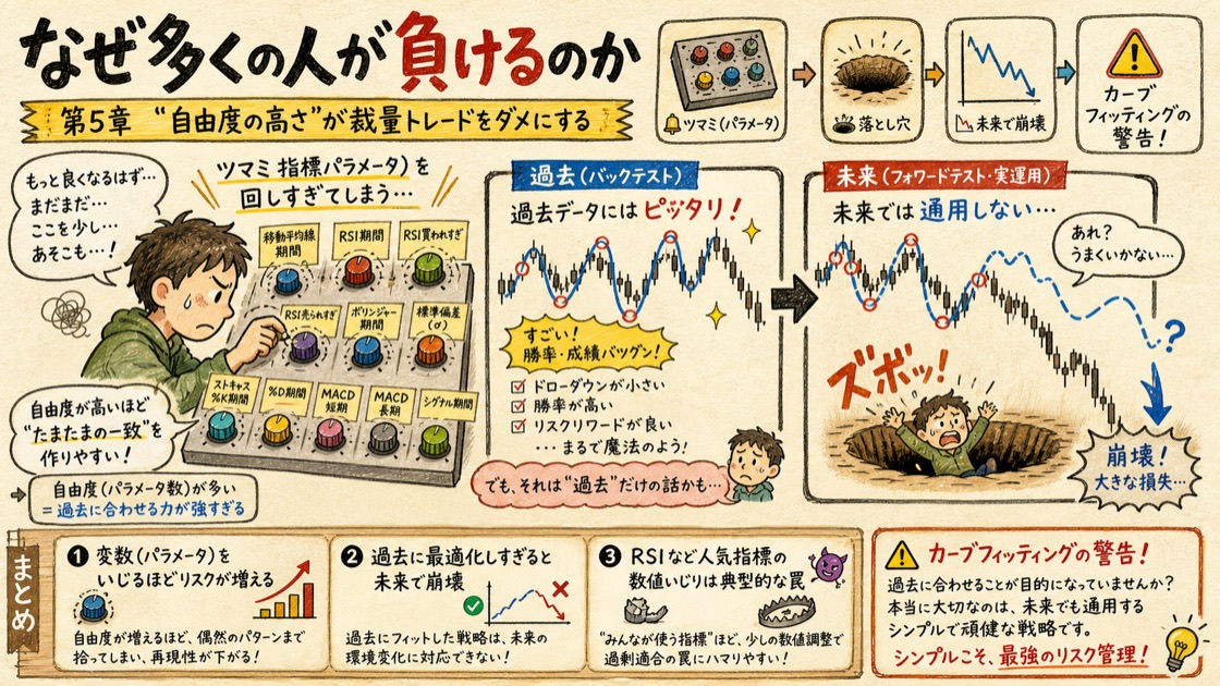 自由度の高さ（指標のツマミを回しすぎてカーブフィッティングする罠）を表した図解