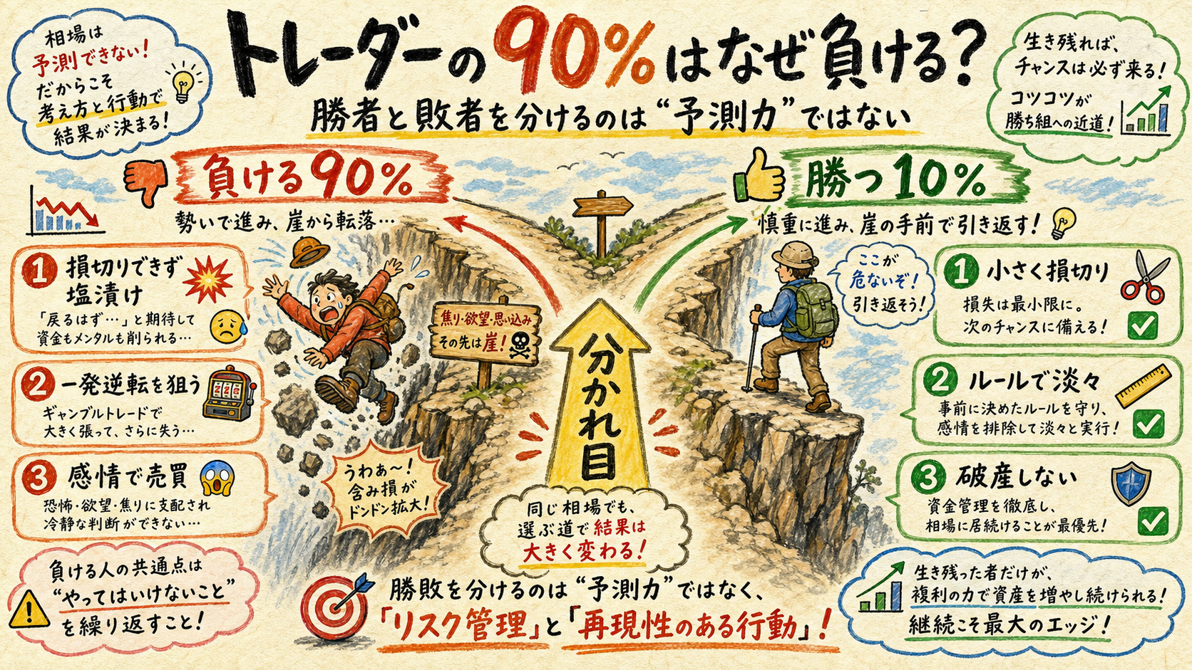 トレーダーの90%が負ける理由と勝つ10%の違いを描いた図