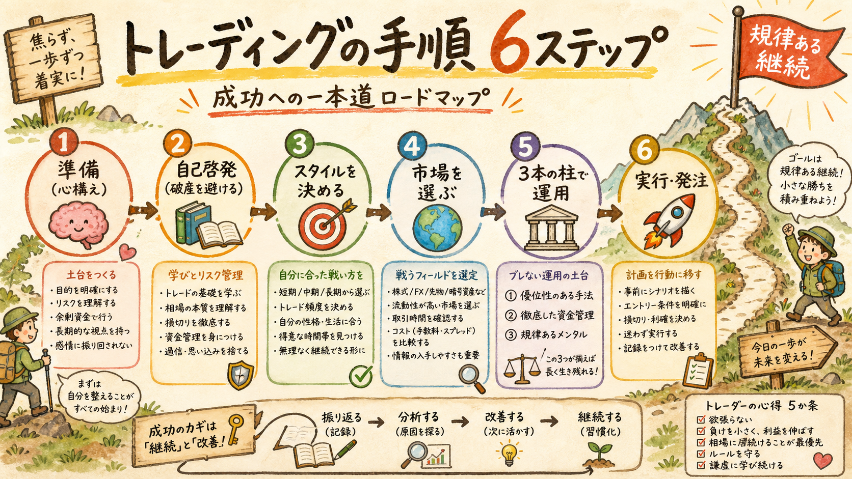 トレーディングの手順を6ステップの一本道で示したロードマップ
