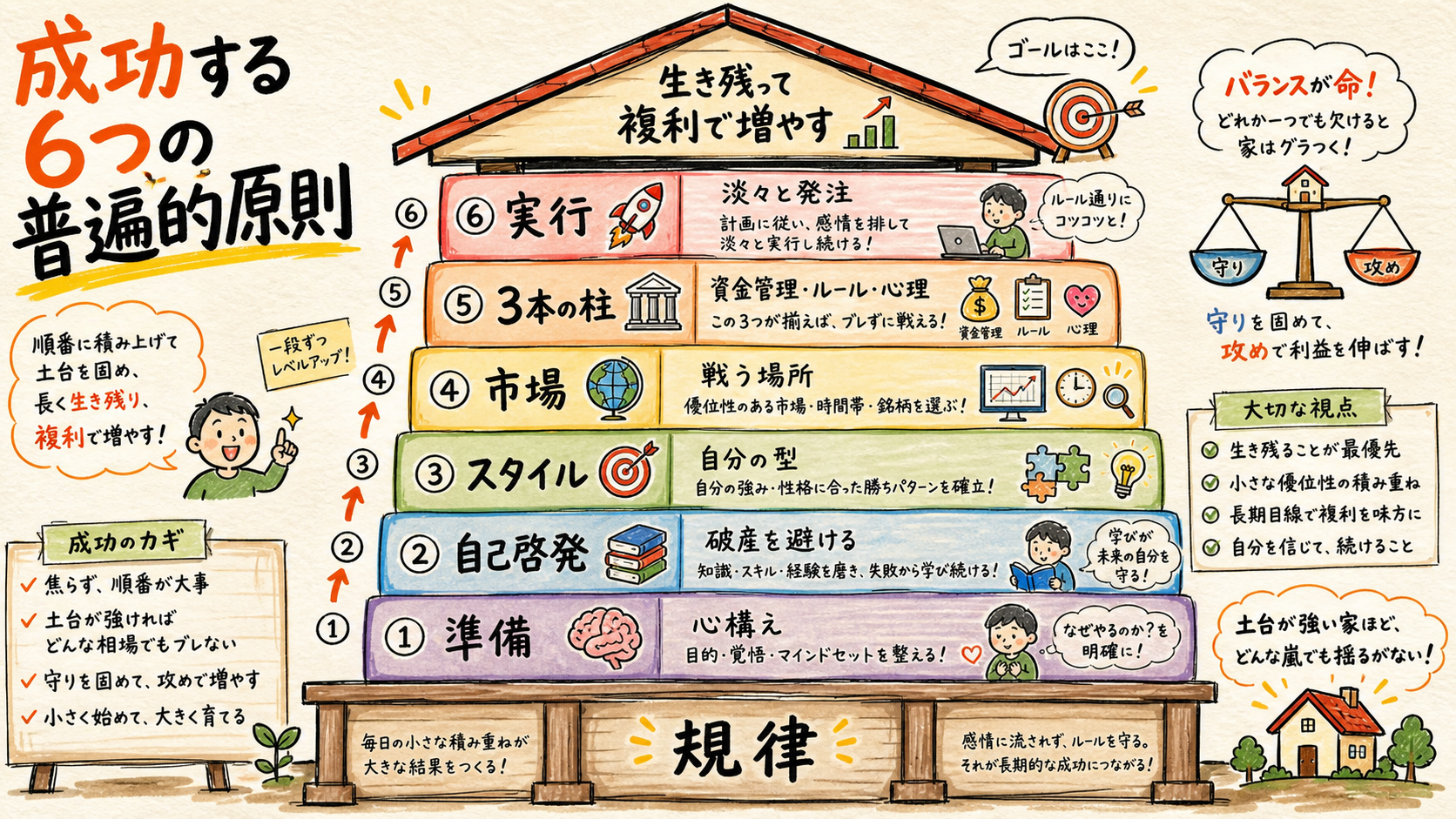 成功を支える6つの普遍的原則を家に見立てた全体像