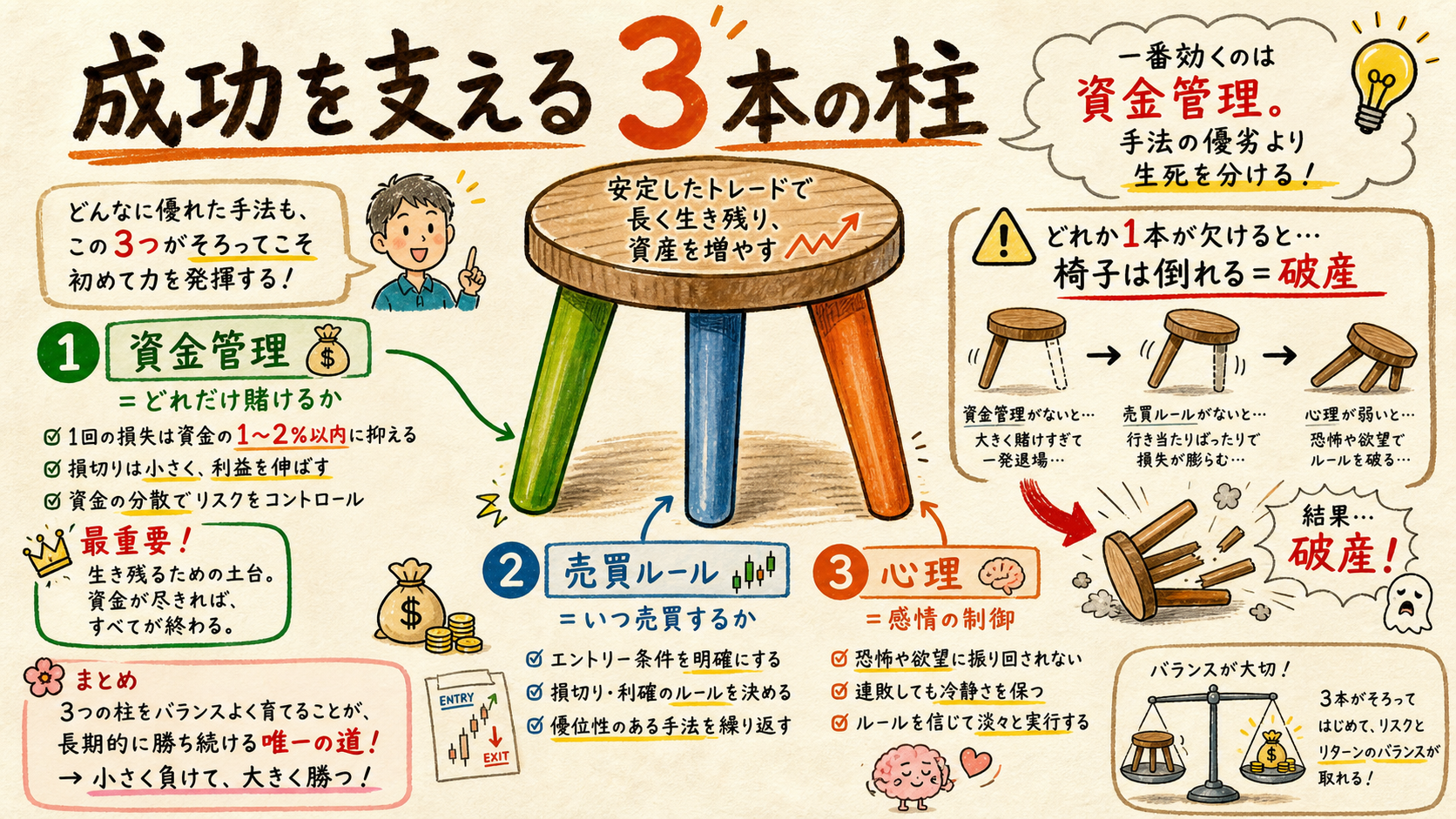 3本の柱(資金管理・売買ルール・心理)を3本脚の椅子で表した図