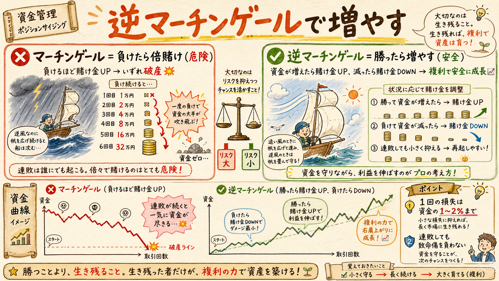 逆マーチンゲール(ポジションサイジング)の考え方を示す図