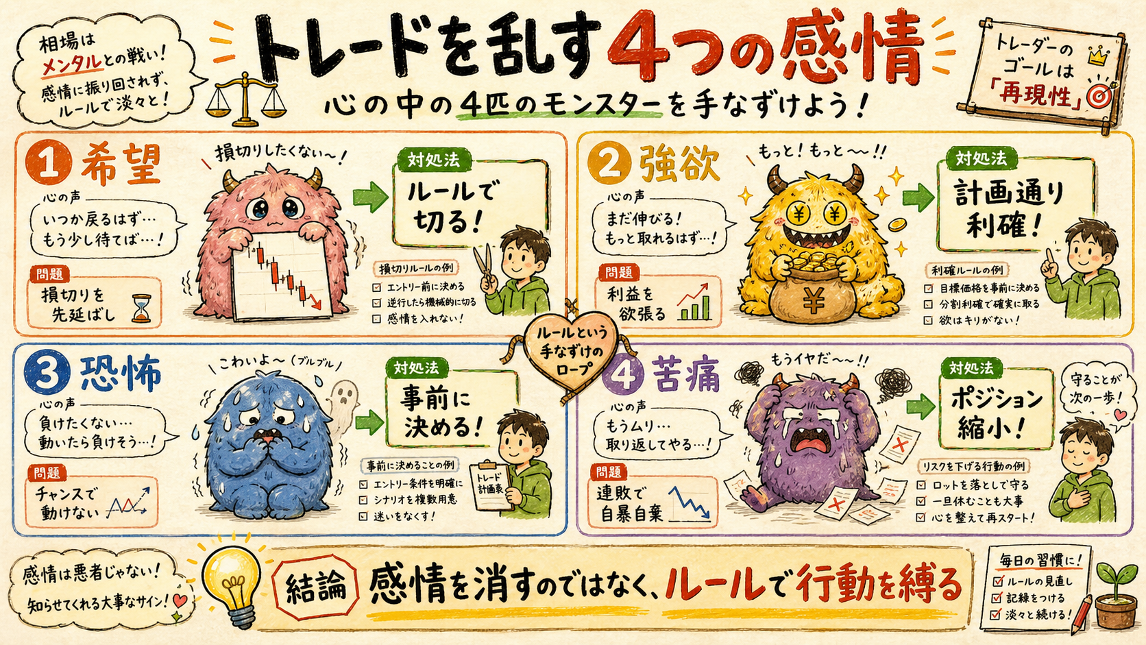 トレードを乱す4つの感情(希望・強欲・恐怖・苦痛)を表した図